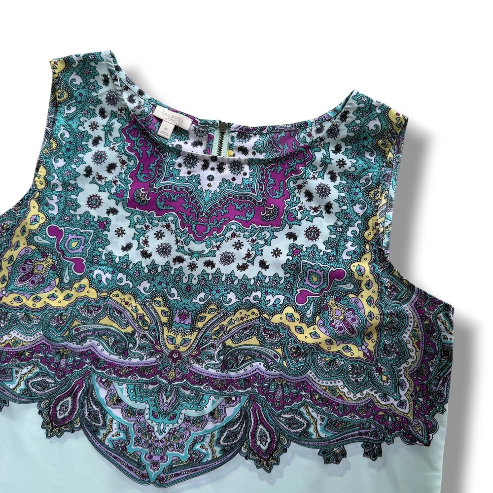 Talbots Women M Teal Green Purple Paisley Print Sleeveless Shell Tank Top Preppy